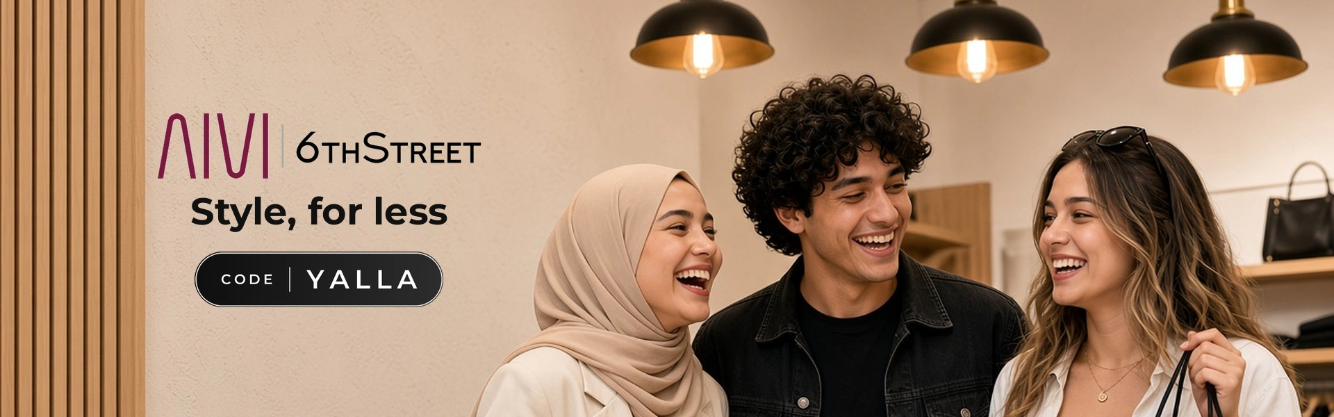 AIVI and 6thStreet promo code YALLA banner with shoppers enjoying fashion shopping bags