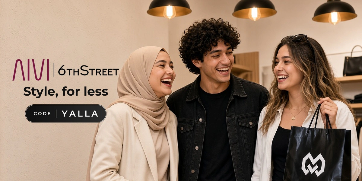 AIVI and 6thStreet promo code YALLA banner with shoppers enjoying fashion shopping bags