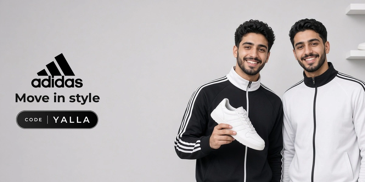 adidas promo code YALLA banner with shoppers enjoying sportswear and sneakers