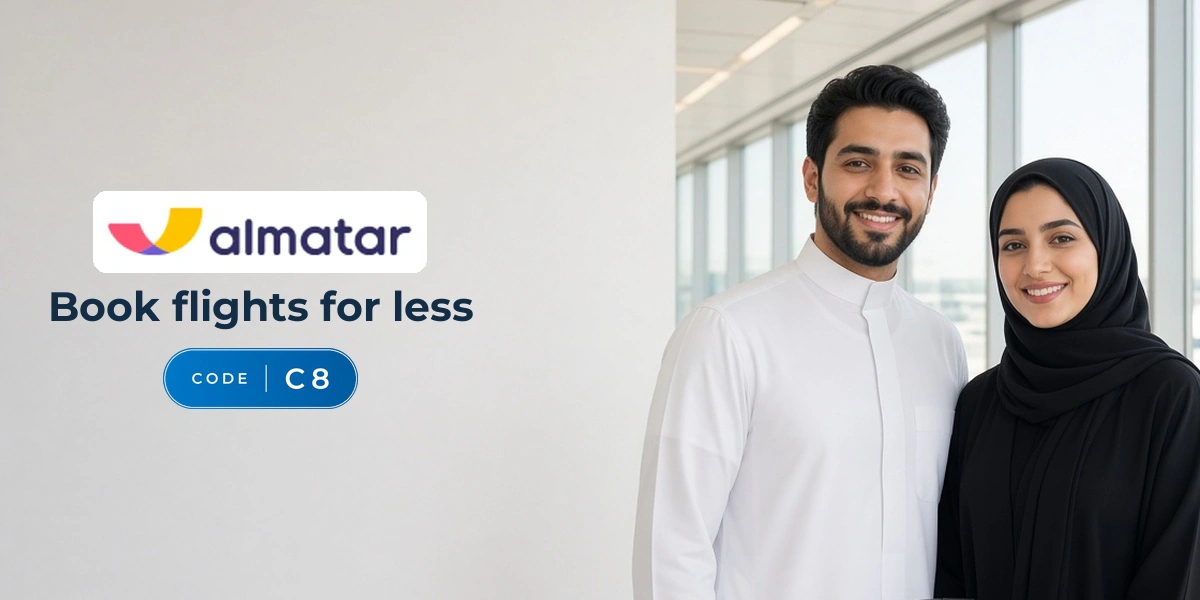 Al Matar promo code C8 banner with shoppers enjoying their next flight