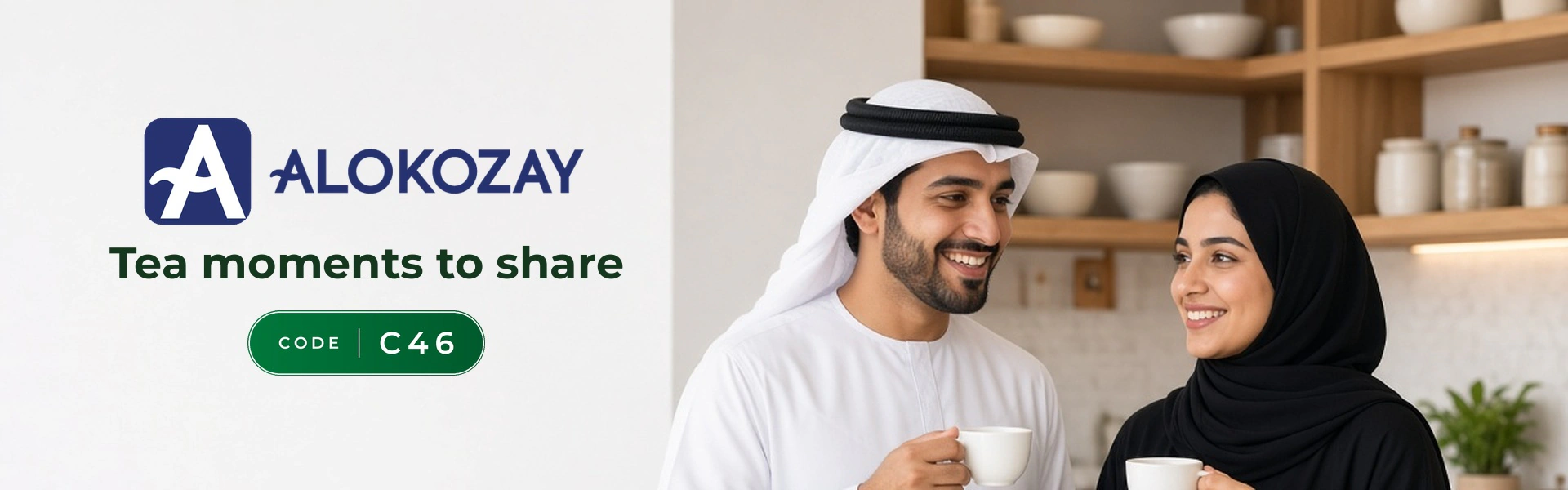 Alokozay promo code C46 banner with shoppers enjoying cups of tea