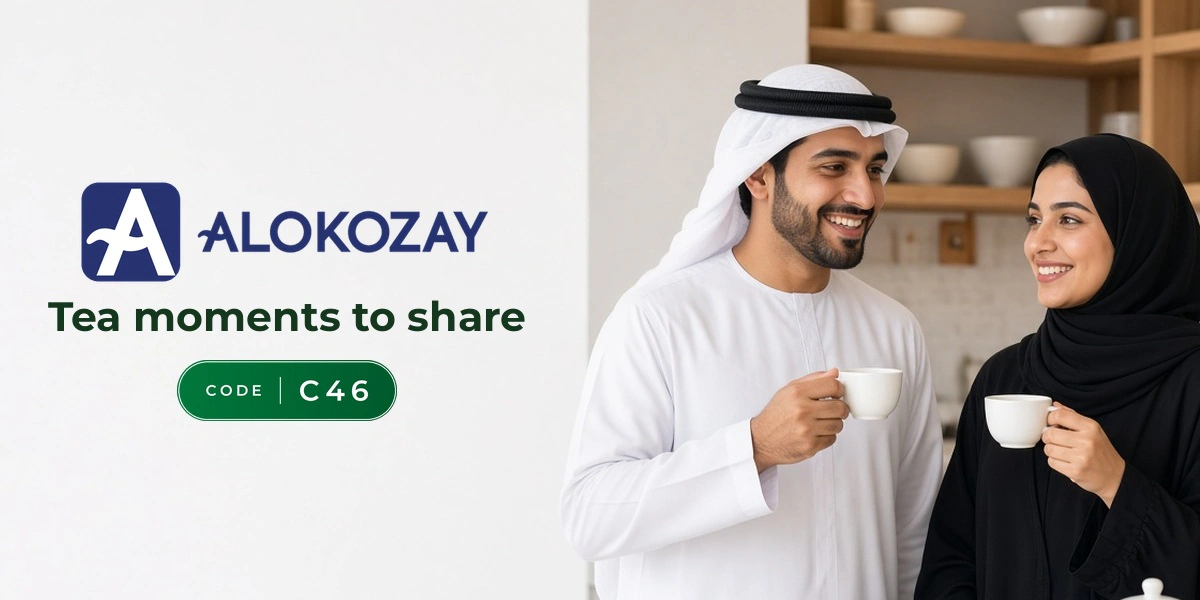 Alokozay promo code C46 banner with shoppers enjoying cups of tea