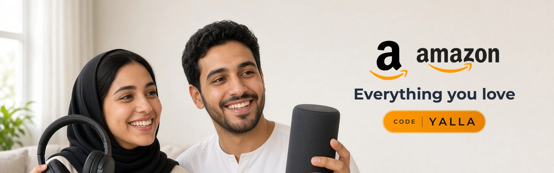 Amazon promo code YALLA banner with shoppers enjoying new gadgets and parcels