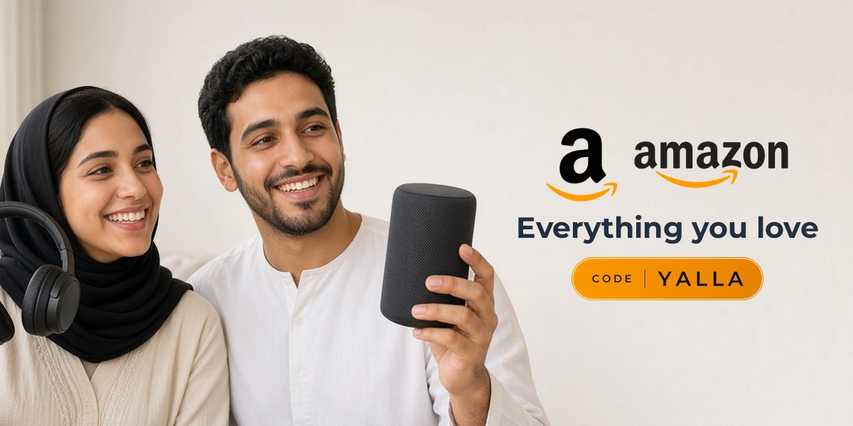 Amazon promo code YALLA banner with shoppers enjoying new gadgets and parcels