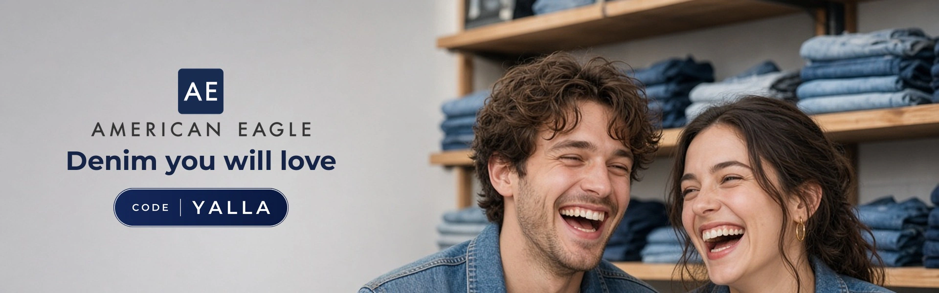 American Eagle promo code YALLA banner with shoppers enjoying denim jackets