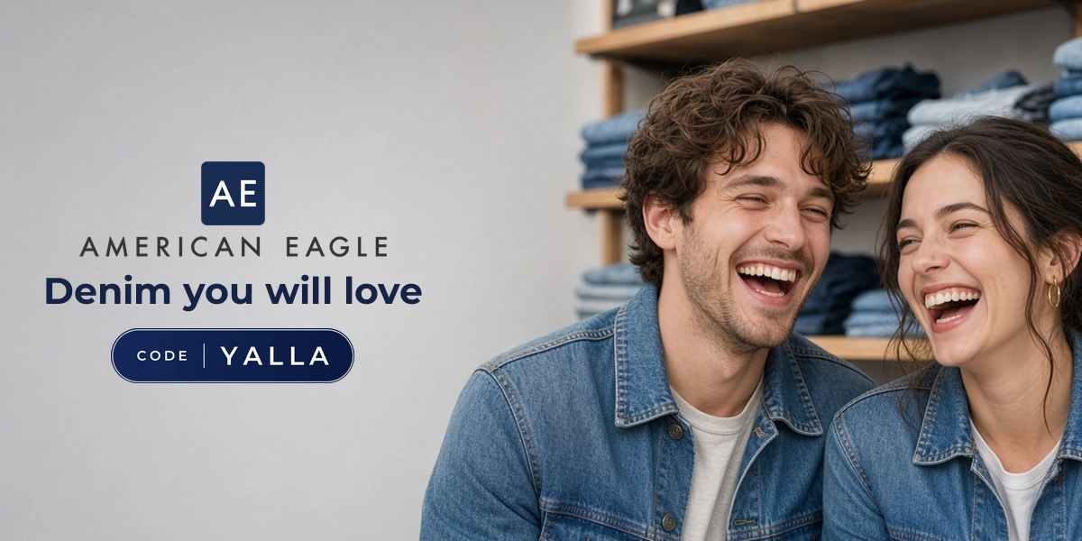 American Eagle promo code YALLA banner with shoppers enjoying denim jackets