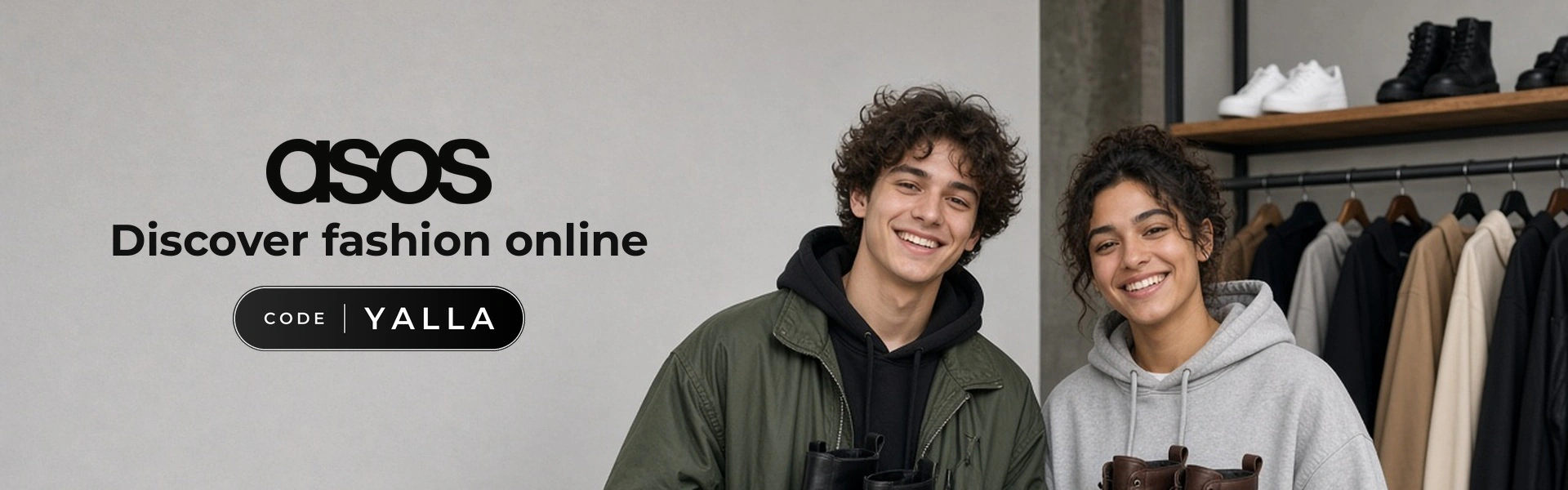 ASOS promo code YALLA banner with shoppers enjoying boots and streetwear