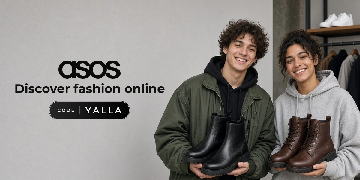 ASOS promo code YALLA banner with shoppers enjoying boots and streetwear