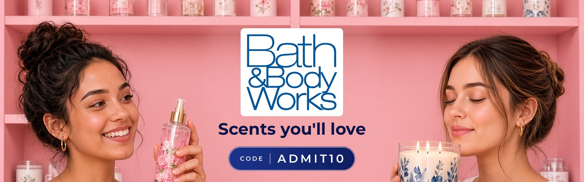Bath & Body Works promo code ADMIT10 banner with shoppers enjoying fragrance mists and candles
