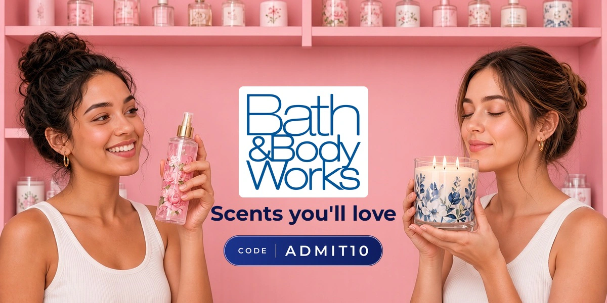 Bath & Body Works promo code ADMIT10 banner with shoppers enjoying fragrance mists and candles
