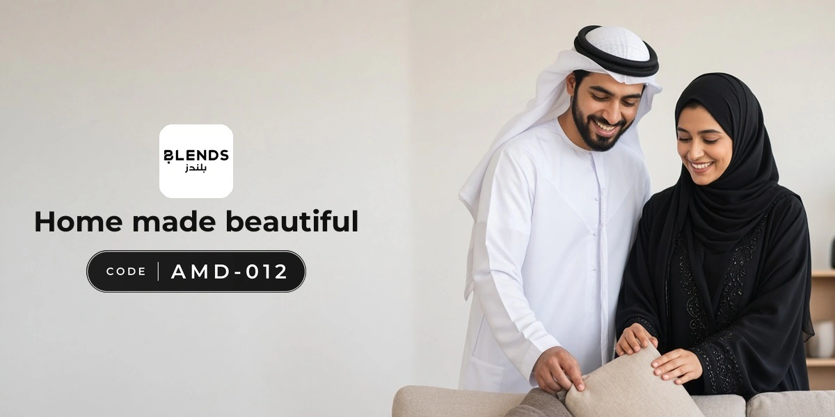 Blends promo code AMD-012 banner with shoppers enjoying home decor