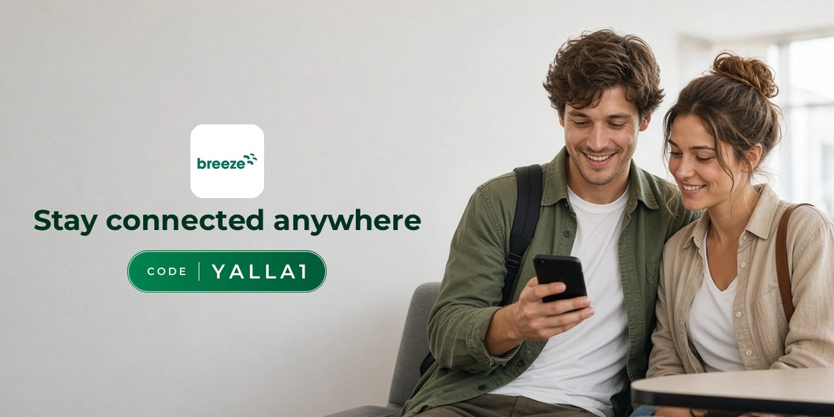 Breeze eSIM promo code YALLA1 banner with shoppers enjoying travel connectivity