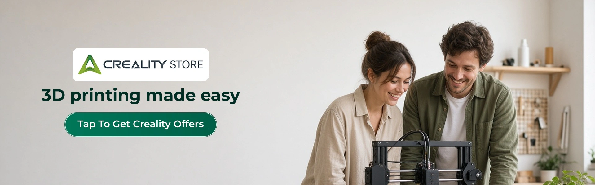Creality deals banner with shoppers enjoying 3D printing