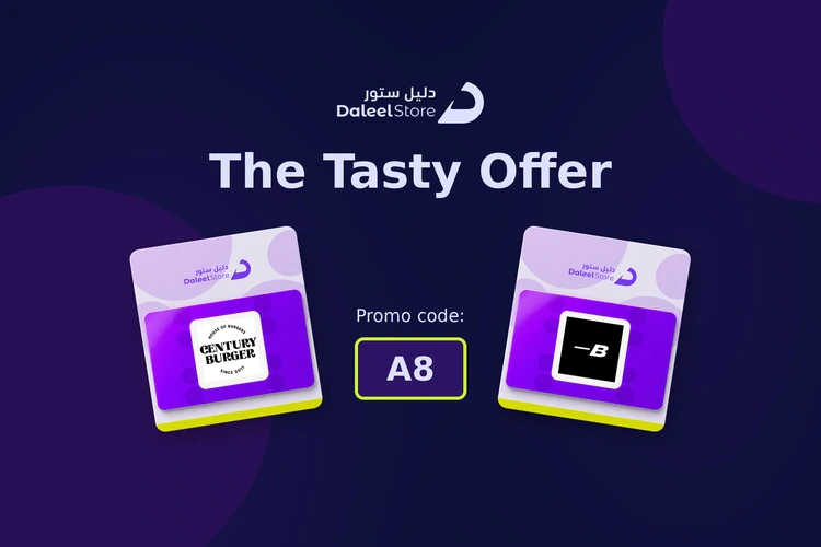 Daleel Store restaurant gift cards for The Tasty Offer, promo code A8.