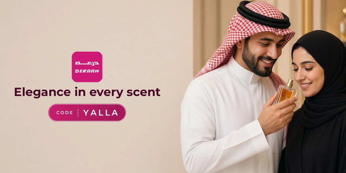 Deraah promo code YALLA banner with shoppers enjoying perfumes and fashion