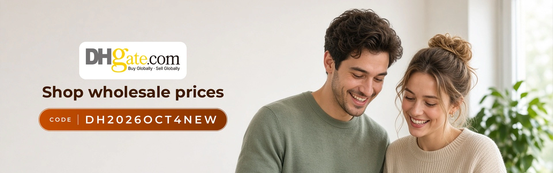 DHgate promo code DH2026OCT4NEW banner with shoppers enjoying wholesale finds