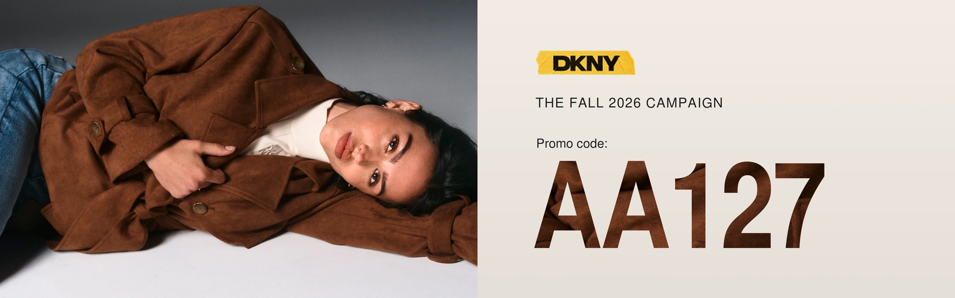DKNY Fall 2026 campaign — promo code AA127.