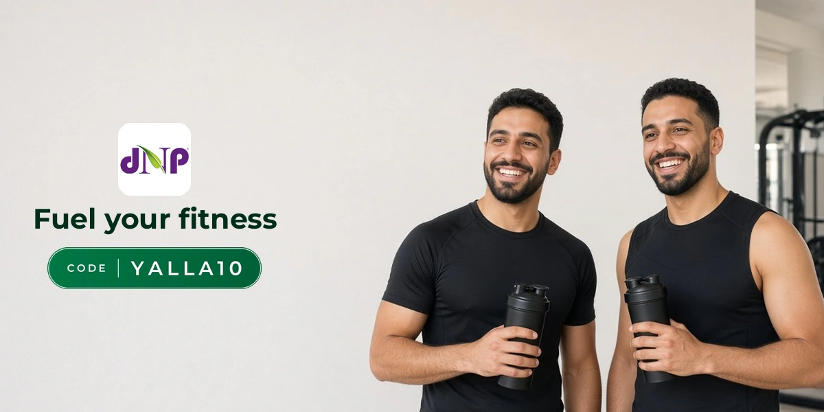 Dr Nutrition promo code YALLA10 banner with shoppers enjoying sports nutrition