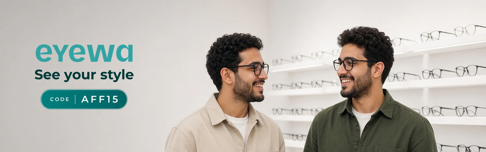 eyewa promo code AFF15 banner with shoppers enjoying eyeglasses and sunglasses