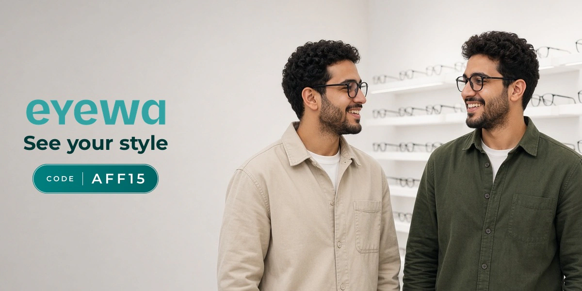 eyewa promo code AFF15 banner with shoppers enjoying eyeglasses and sunglasses