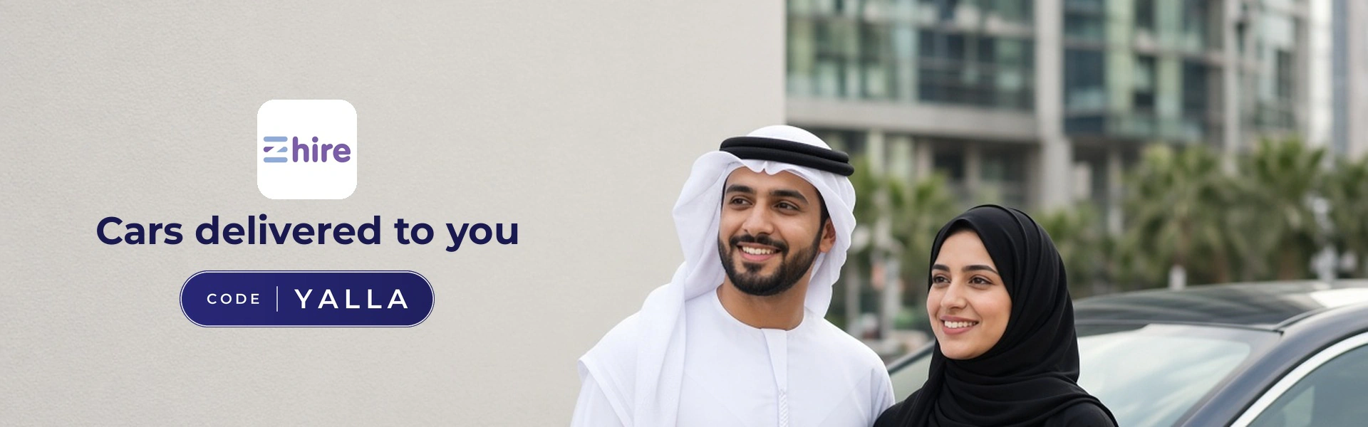 EZHIRE promo code YALLA banner with shoppers enjoying car rentals