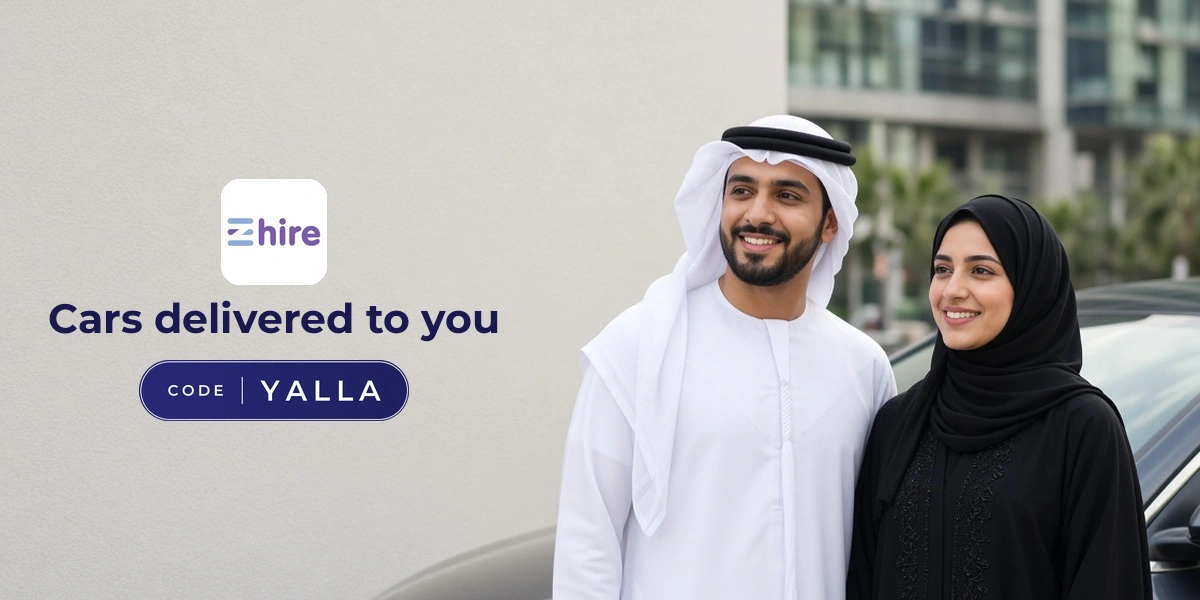 EZHIRE promo code YALLA banner with shoppers enjoying car rentals