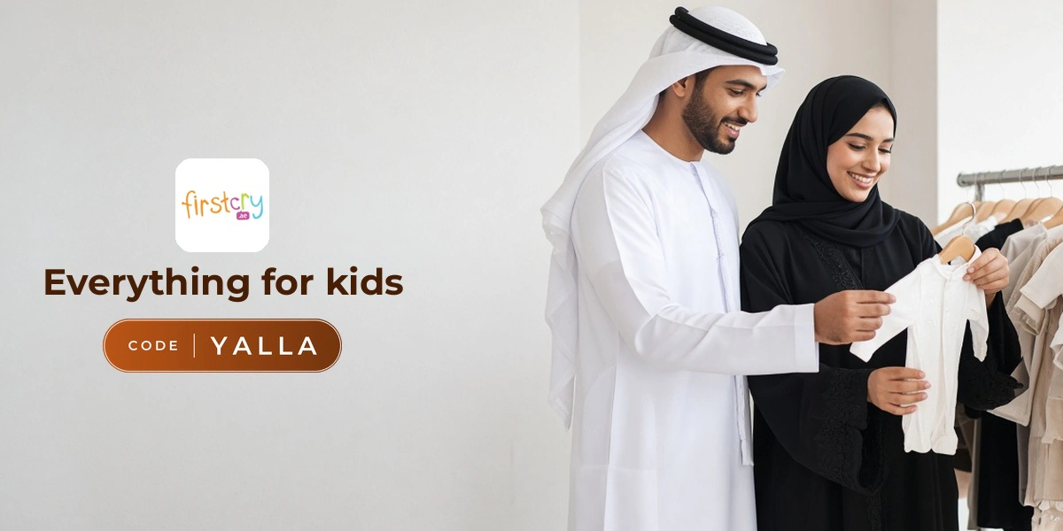 FirstCry promo code YALLA banner with shoppers enjoying kids essentials