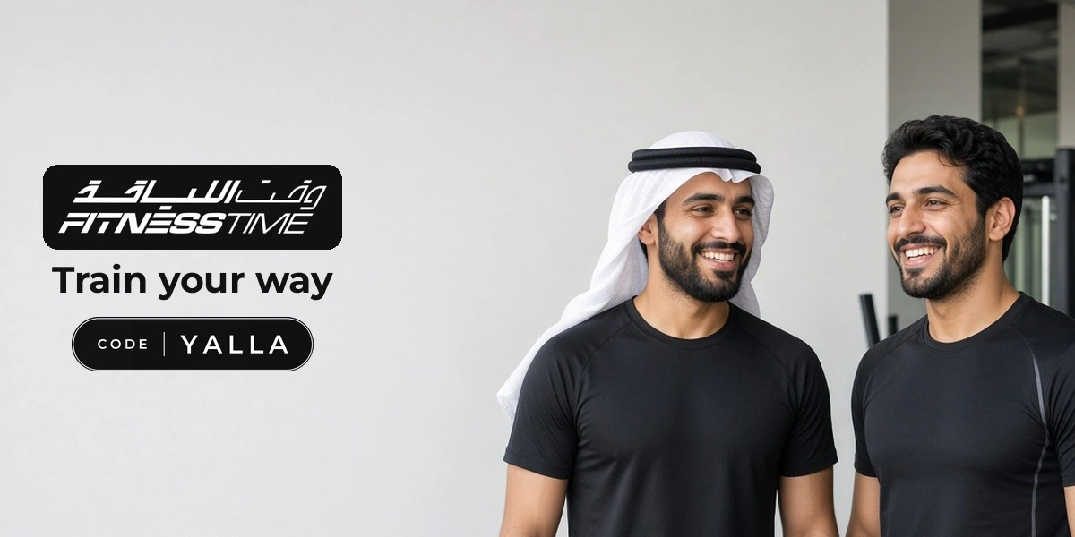 Fitness Time promo code YALLA banner with shoppers enjoying gym membership