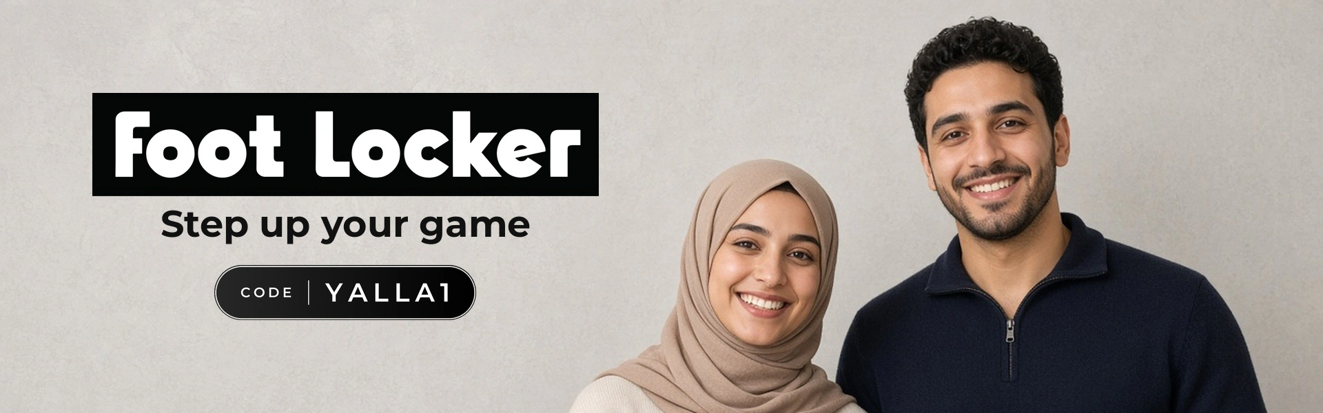 Foot Locker promo code YALLA1 banner with shoppers enjoying sneakers