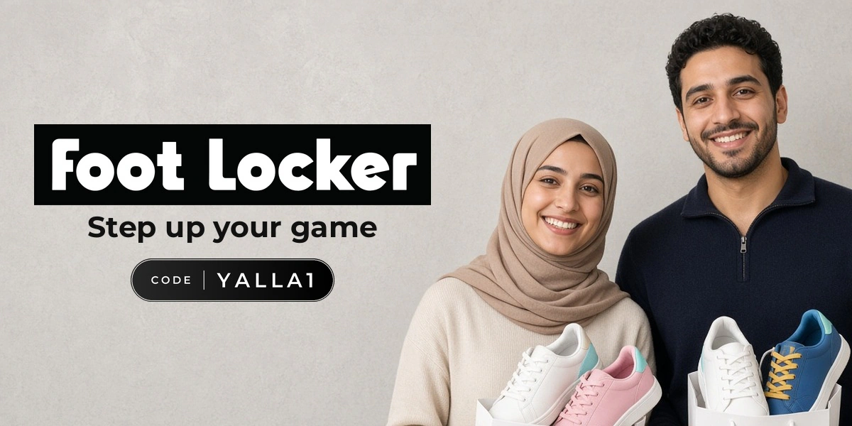 Foot Locker promo code YALLA1 banner with shoppers enjoying sneakers