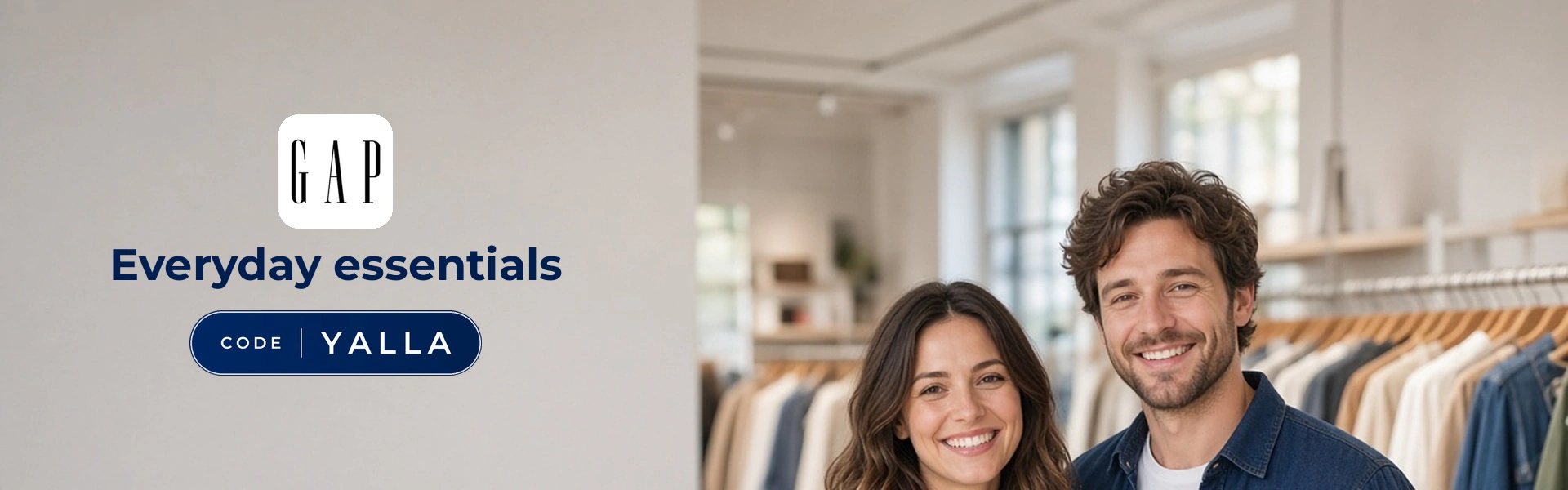 Gap promo code YALLA banner with shoppers enjoying casual fashion