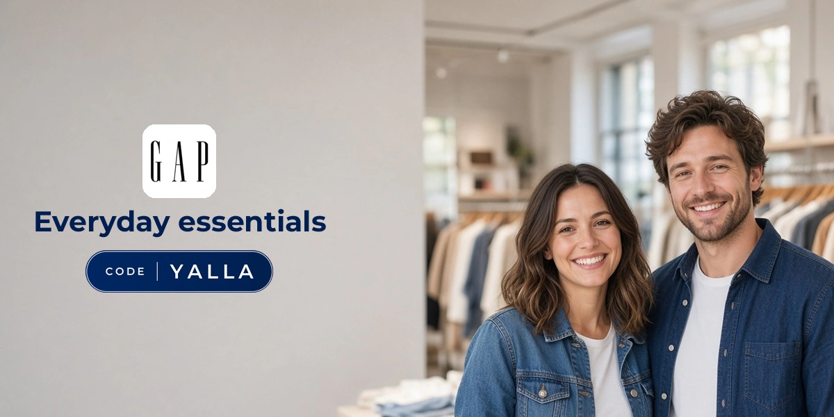 Gap promo code YALLA banner with shoppers enjoying casual fashion