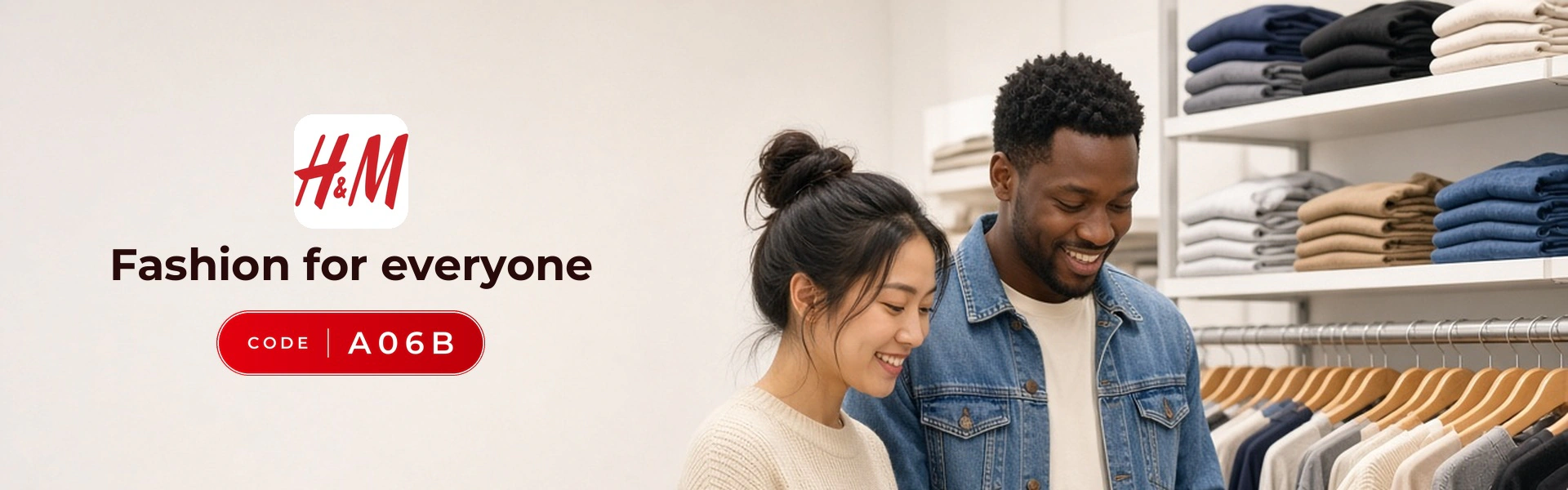 H&M promo code A06B banner with shoppers enjoying new fashion