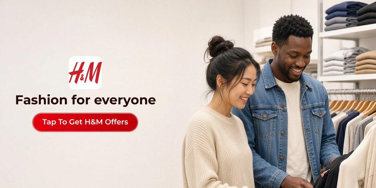 H&M deals banner with shoppers enjoying new fashion