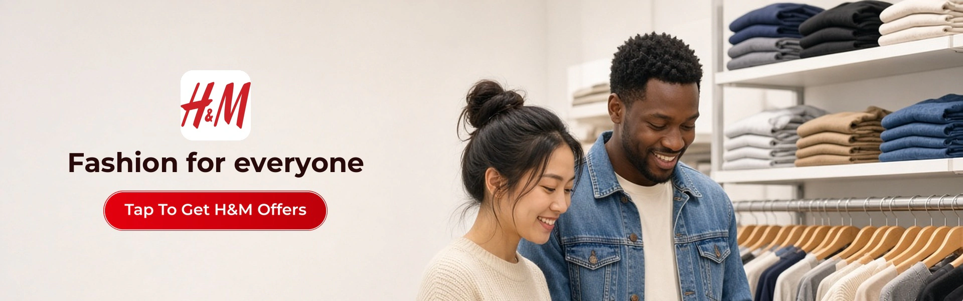 H&M deals banner with shoppers enjoying new fashion
