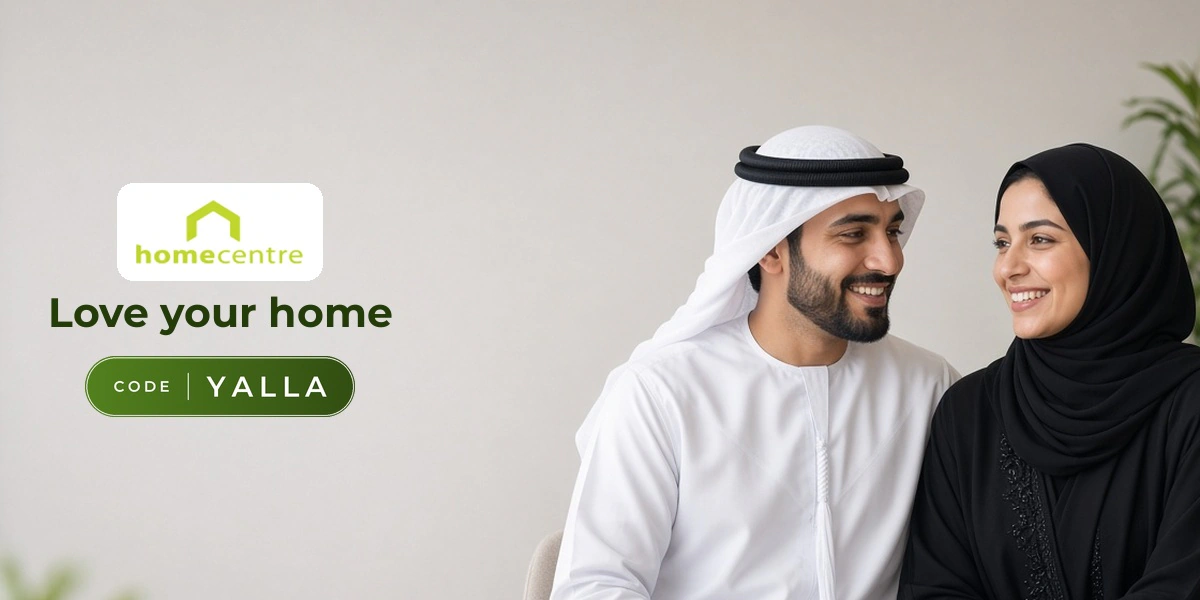Home Centre promo code YALLA banner with shoppers enjoying home furniture