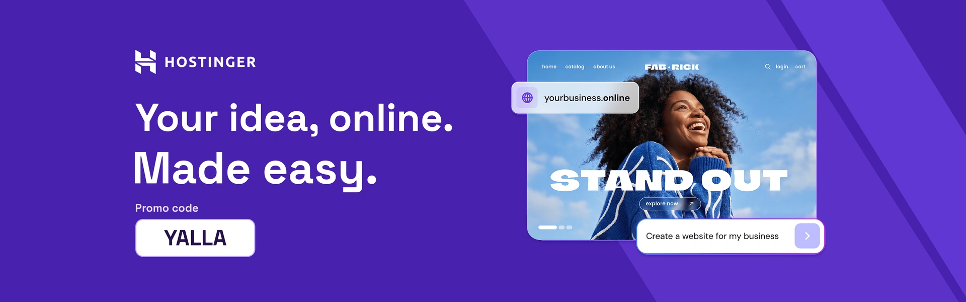 Hostinger website builder demonstration with promo code YALLA.