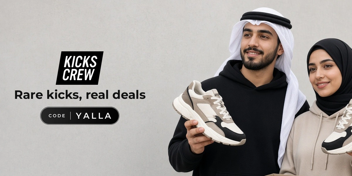 KICKSCREW promo code YALLA banner with shoppers enjoying limited-edition sneakers