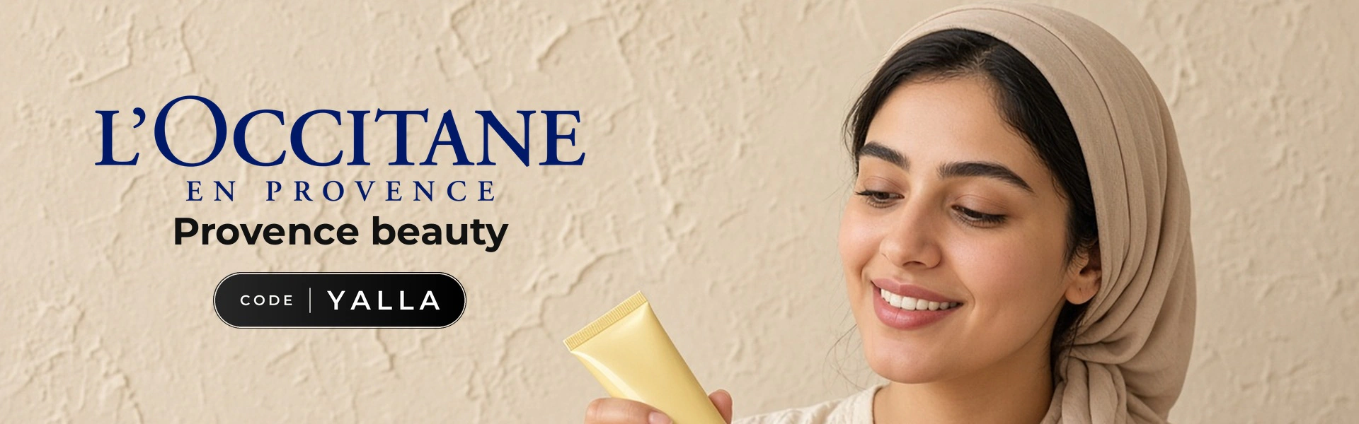 L'OCCITANE promo code YALLA banner with shoppers enjoying hand cream and skincare