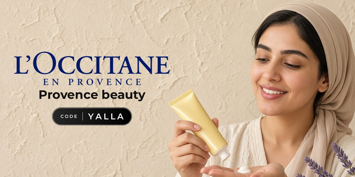 L'OCCITANE promo code YALLA banner with shoppers enjoying hand cream and skincare
