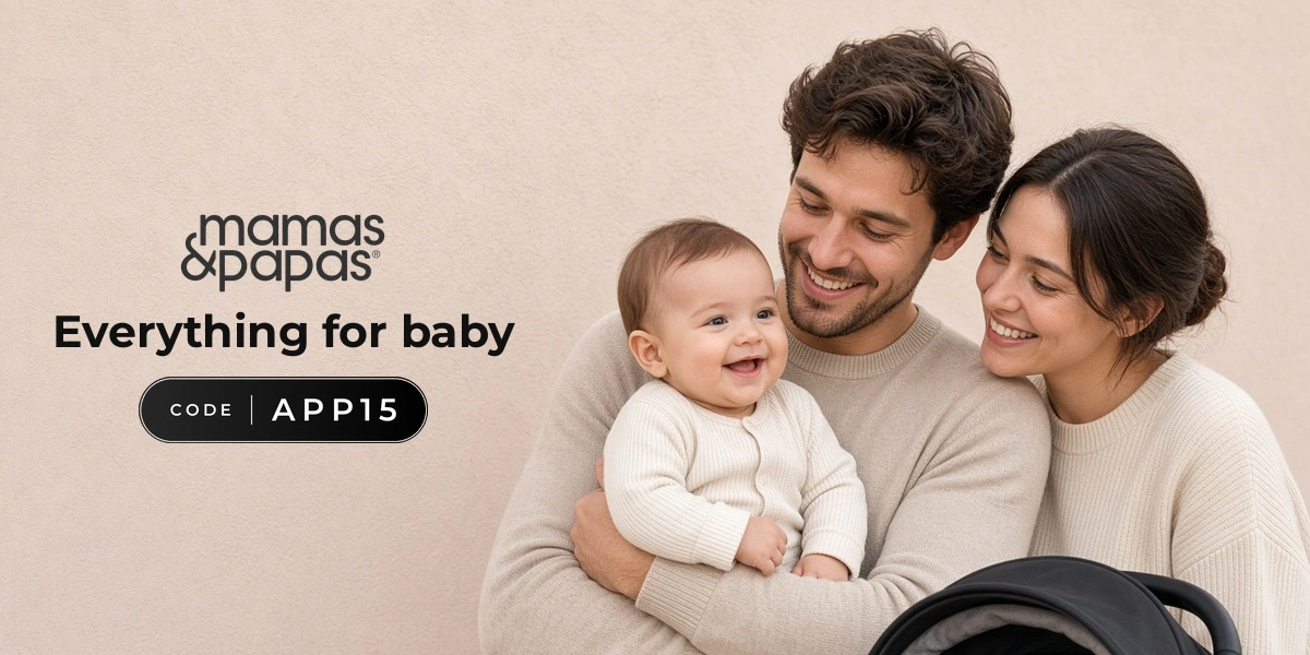Mamas & Papas promo code APP15 banner with shoppers enjoying baby products