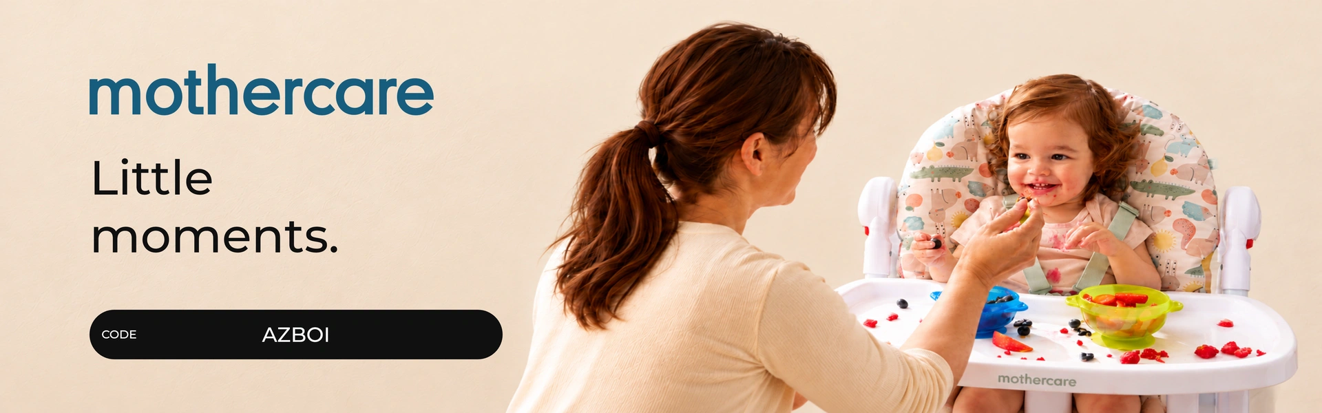 Mothercare promo code AZBOI banner with shoppers enjoying baby essentials