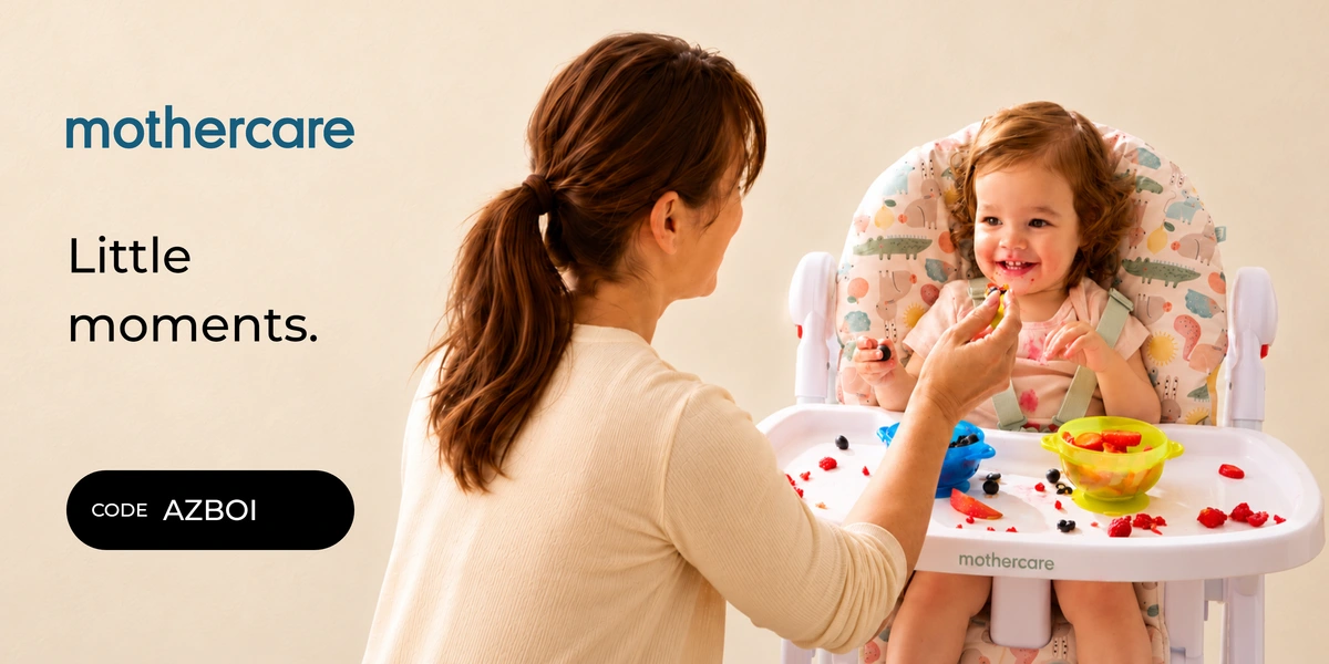 Mothercare promo code AZBOI banner with shoppers enjoying baby essentials