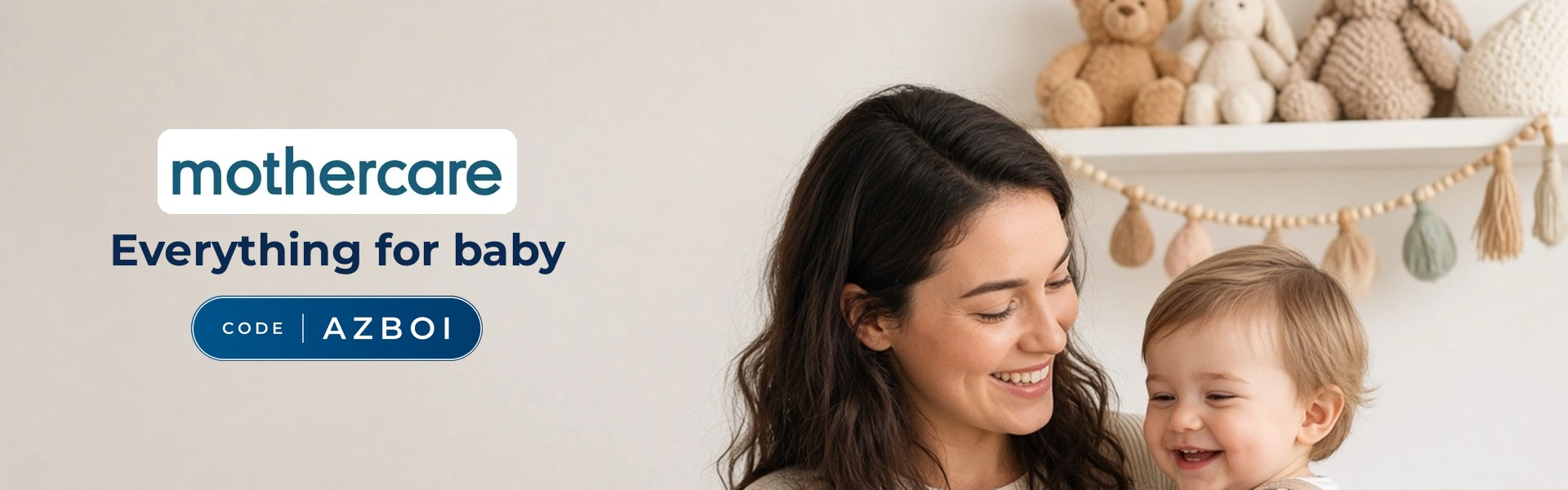 Mothercare promo code AZBOI banner with shoppers enjoying baby essentials