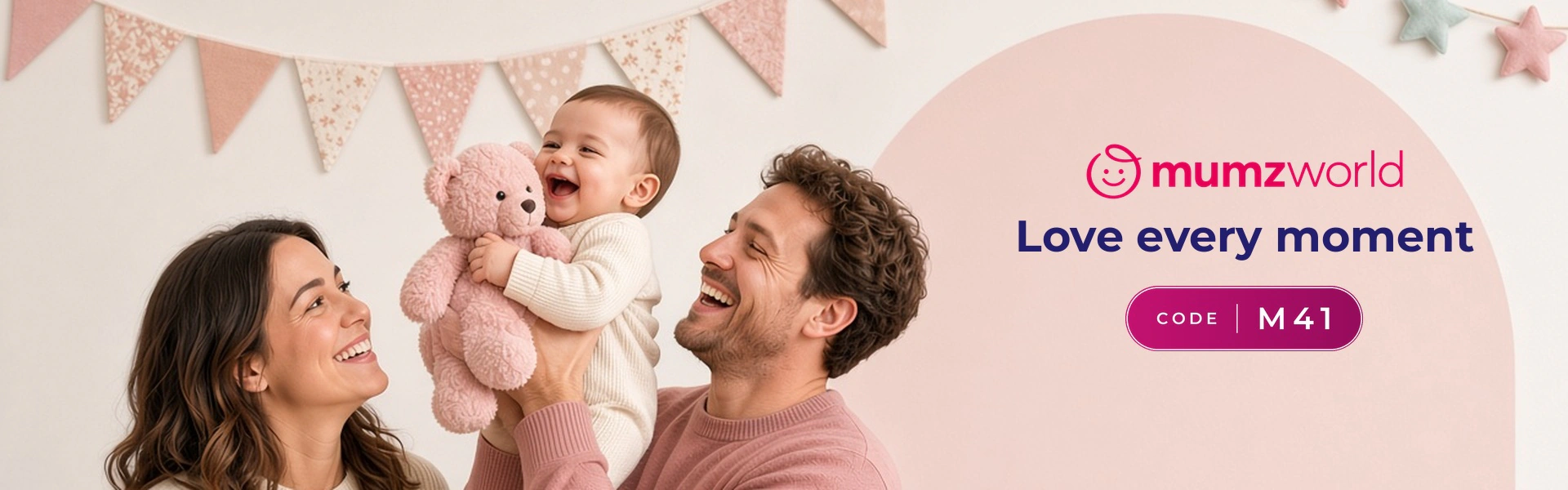 Mumzworld promo code M41 banner with shoppers enjoying baby toys and essentials