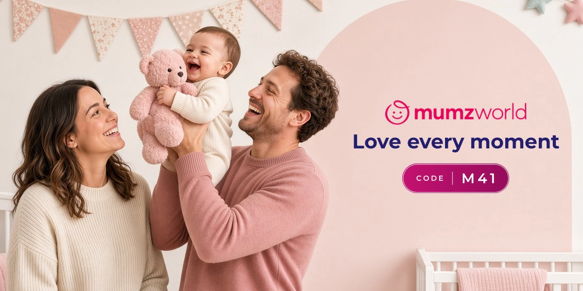 Mumzworld promo code M41 banner with shoppers enjoying baby toys and essentials