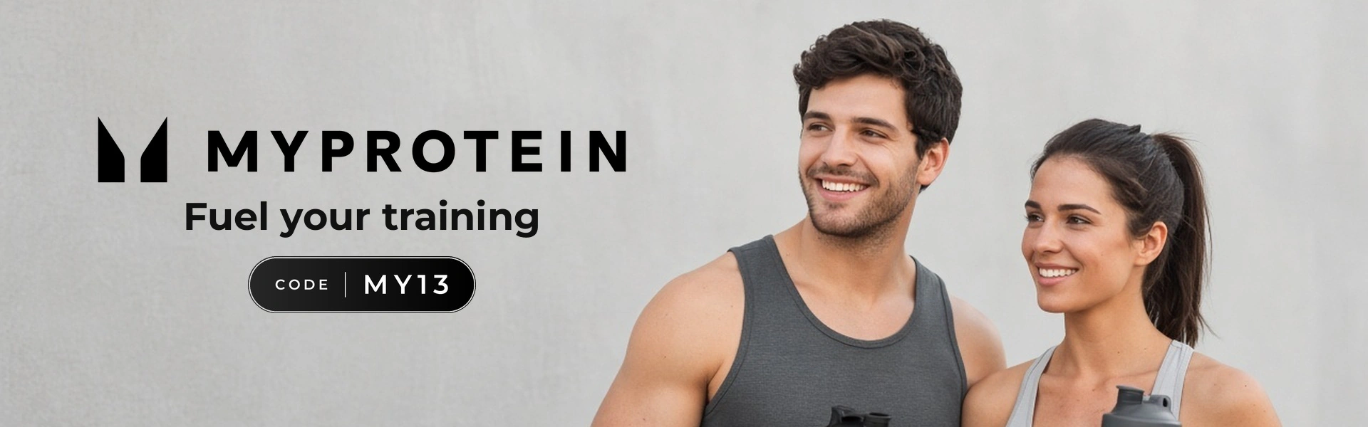 Myprotein promo code MY13 banner with shoppers enjoying sports nutrition