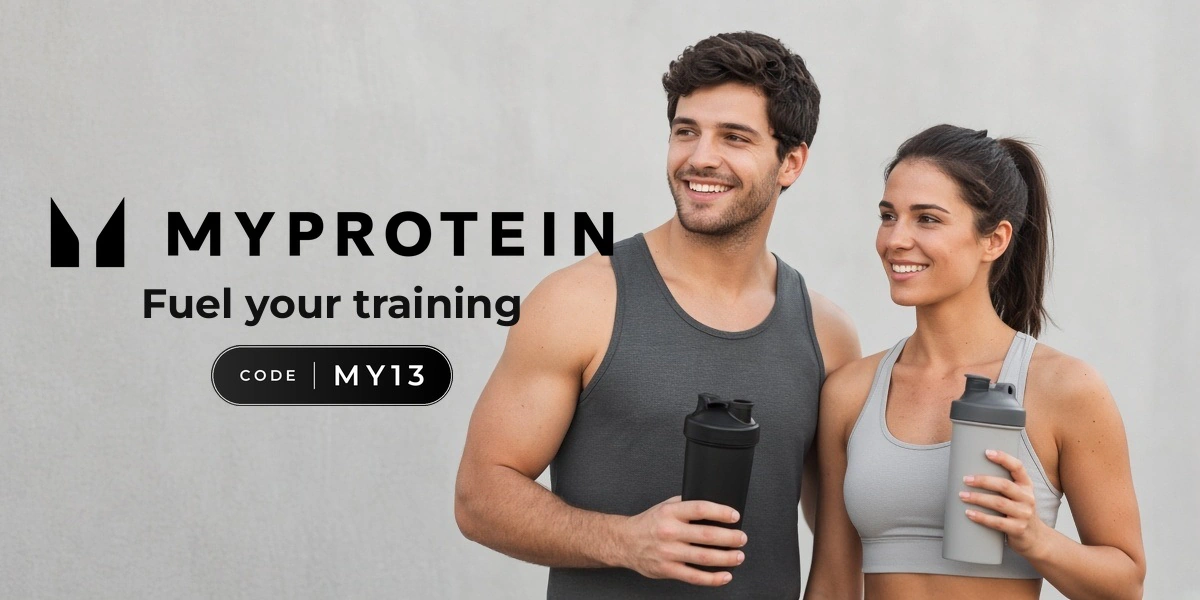 Myprotein promo code MY13 banner with shoppers enjoying sports nutrition
