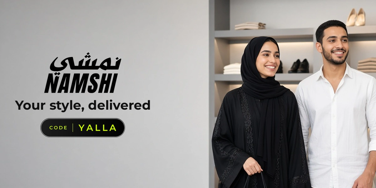 Namshi promo code YALLA banner with shoppers enjoying new fashion pieces