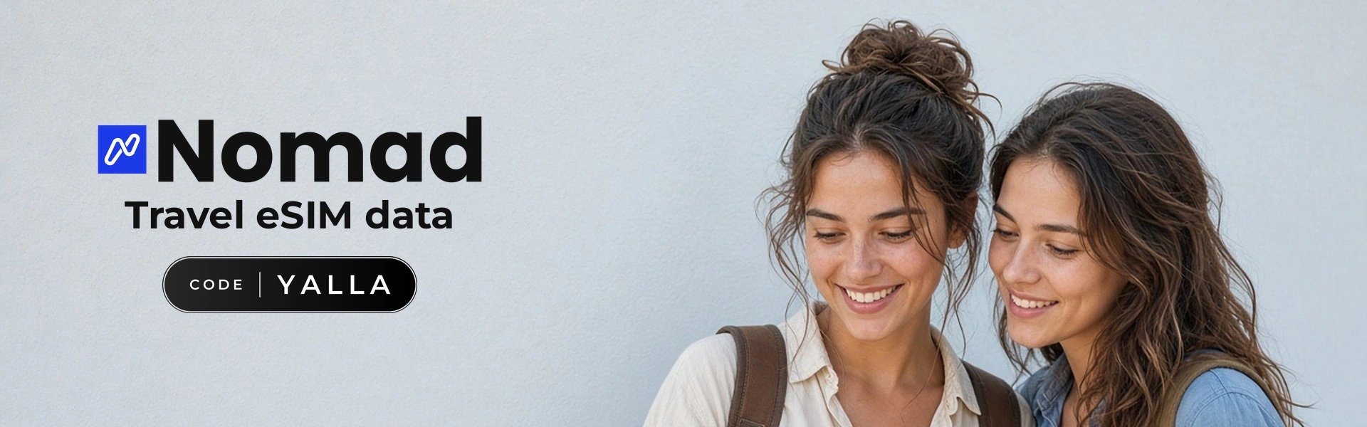 Nomad promo code YALLA banner with shoppers enjoying eSIM travel data